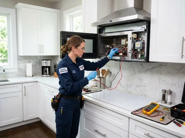 Appliance Repair Hero technician testing an over-the-range microwave in a Brooklyn, MD kitchen